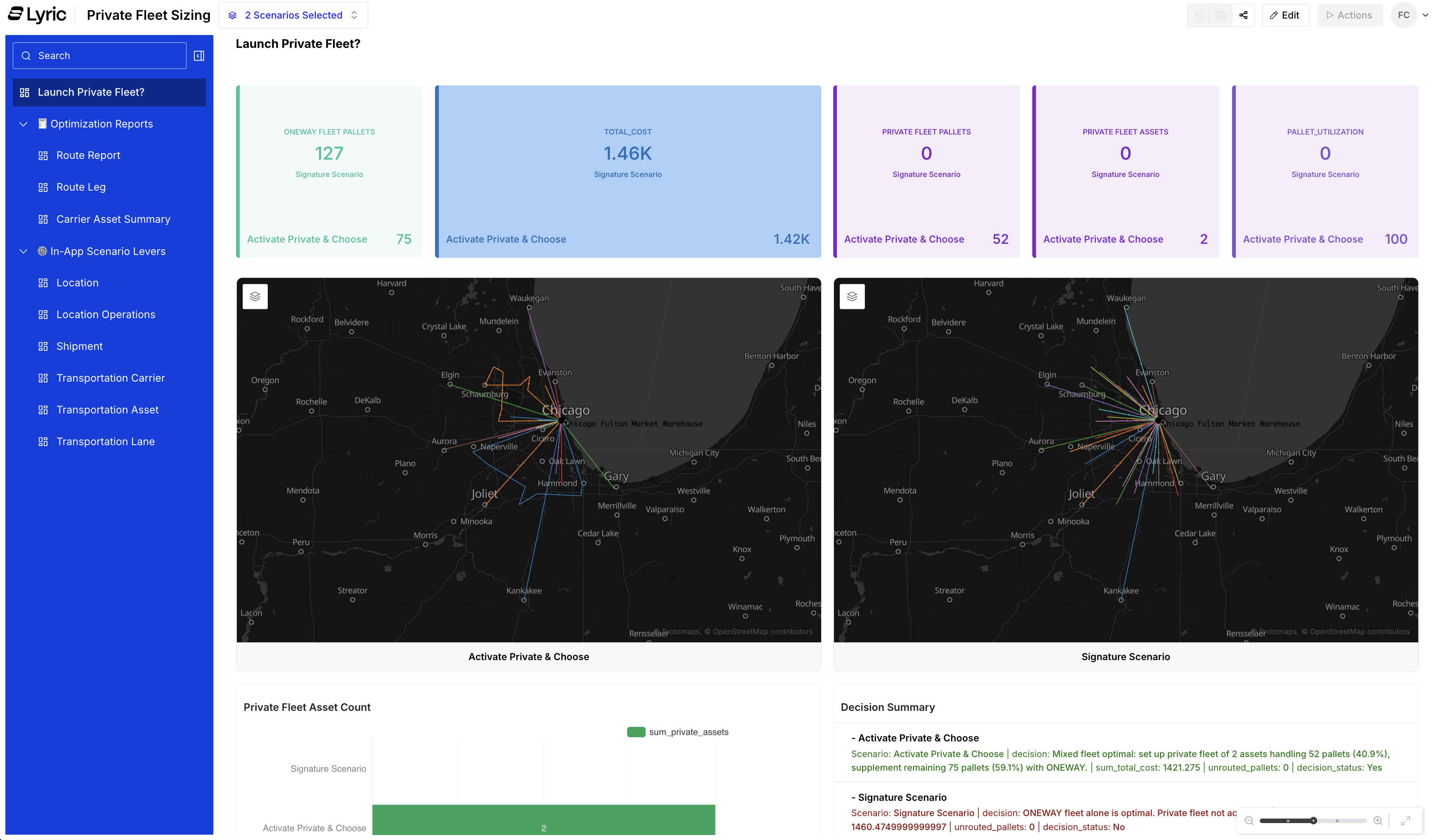 Private Fleet Sizing app — scenario comparison